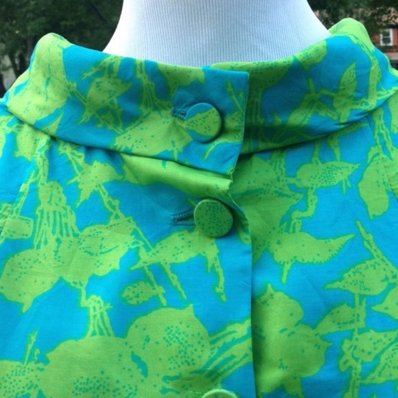 Vintage 1960s Rolled Collar Silk Cocktail Dress Blue and Green - Picture 3 of 7